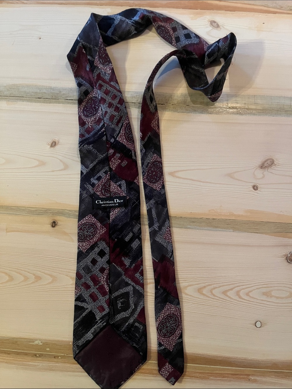 Vintage Dior Men's Burgundy and Black Geometric Paisley Silk Tie